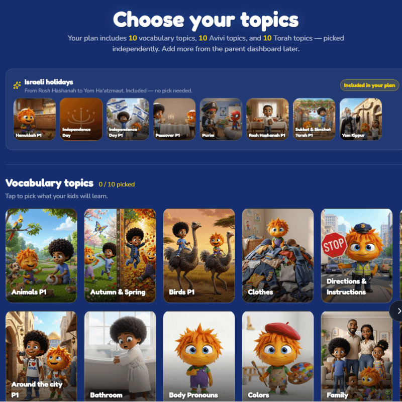 Screenshot: choosing topics for your child